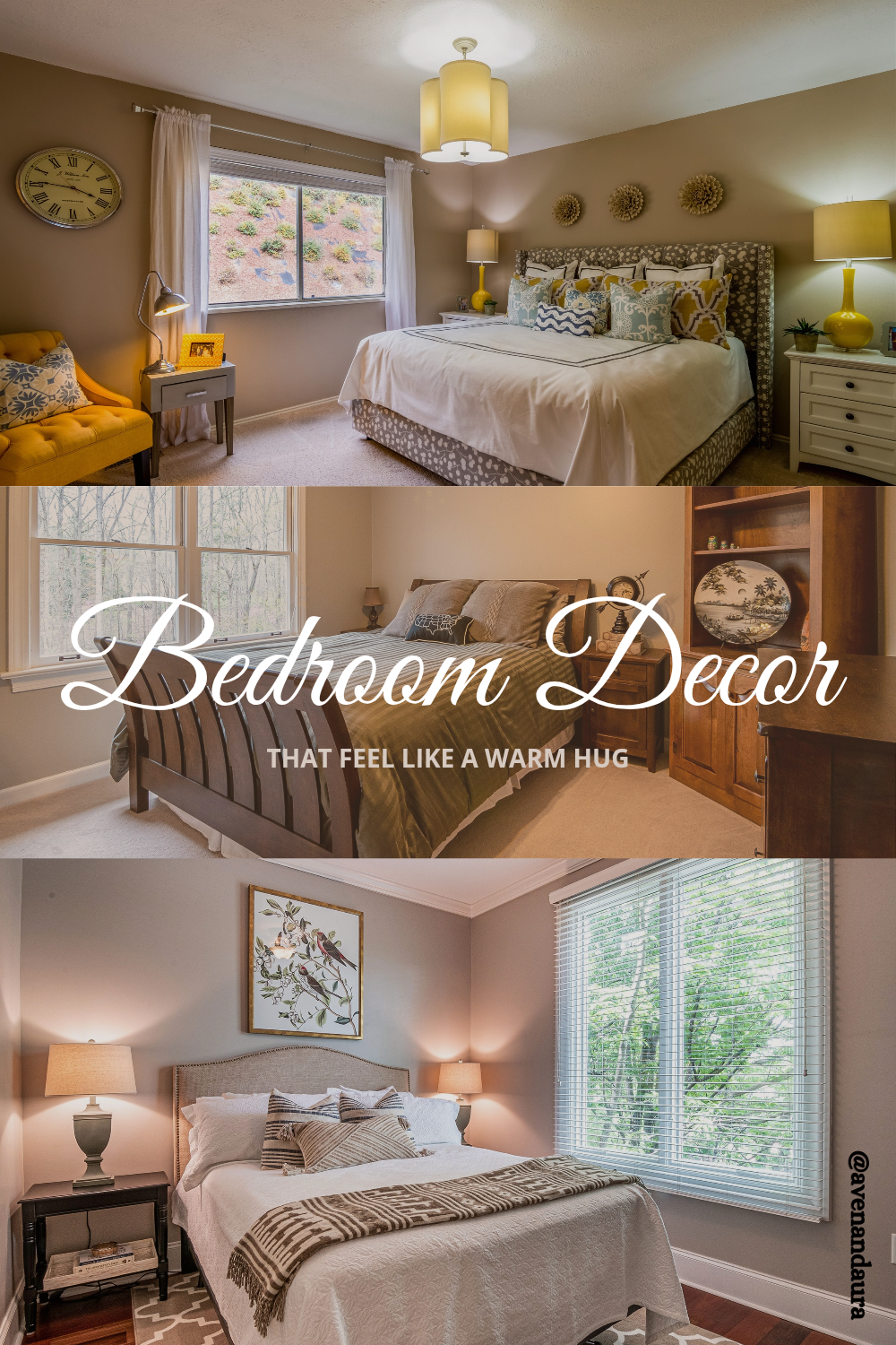 Cozy bedroom with warm yellow lamps, layered pillows, and a soft reading chair by the window